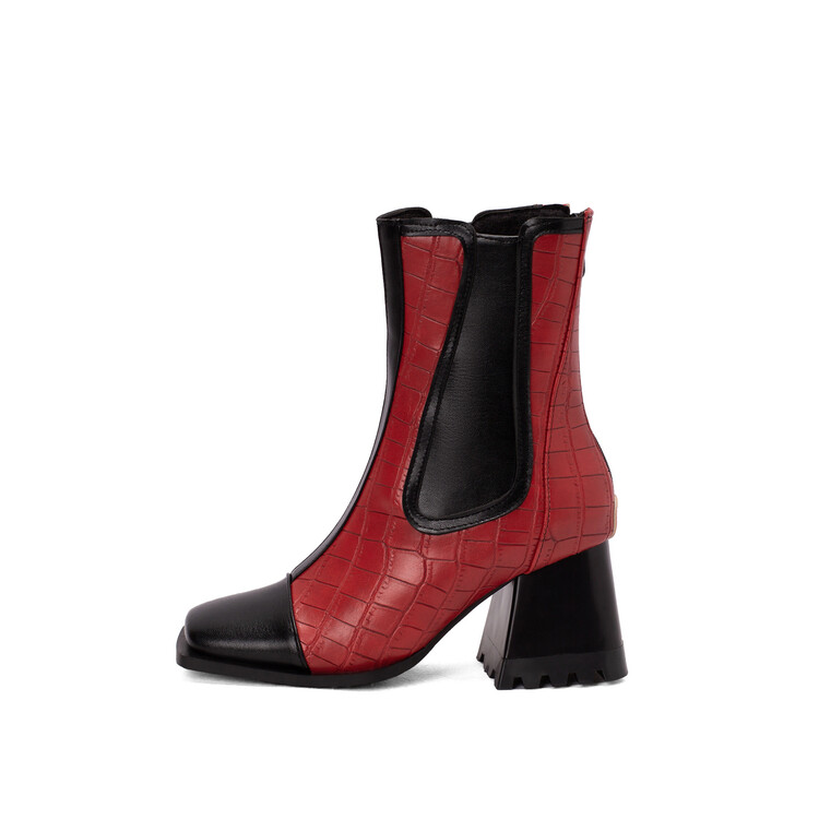 

2022 women's boots autumn winter new European and American fashion stitching color matching thickened high heels rear zipper short boots, Cjl&1001-red
