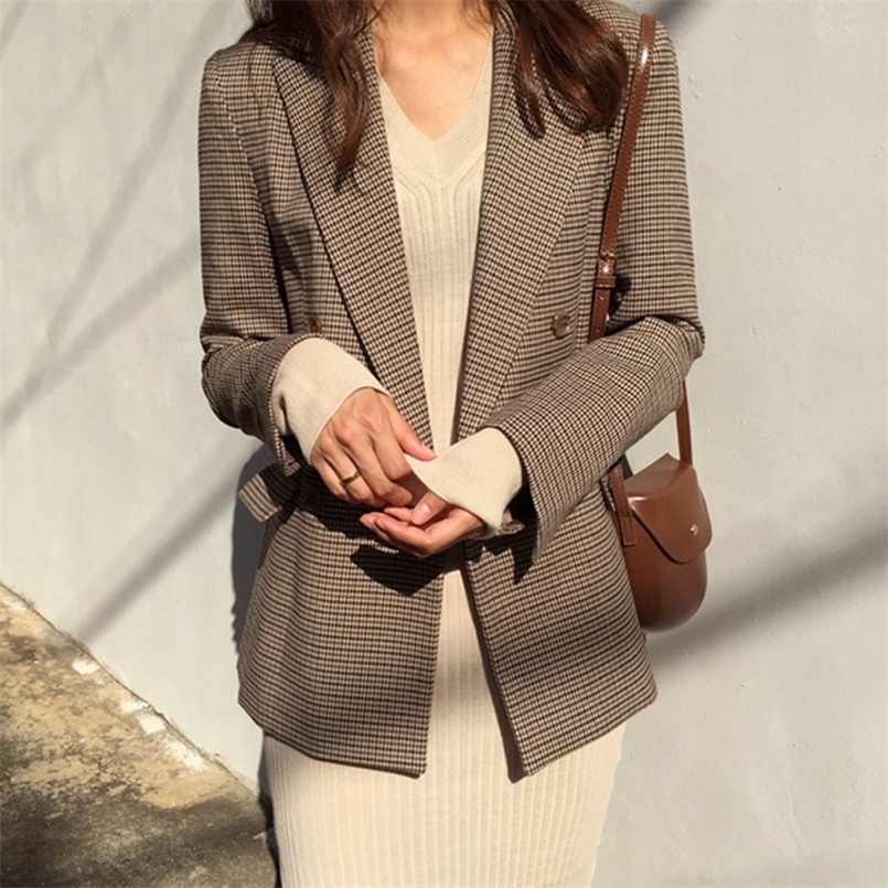 

Vintage Double Breasted Office Ladies Plaid Blazer Long Loose Houndstooth Suit Coat Jacket Women blazers Female 220811, Brown