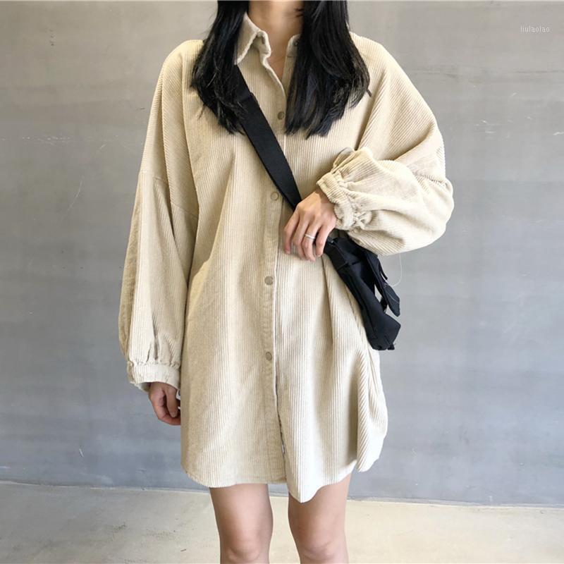 

Women's Blouses & Shirts Harajuku Corduroy Shirt Korean Fashion Vintage Pocket Lantern Sleeve Long Women Buttons Loose Apricot BF Cool Blous, Gray
