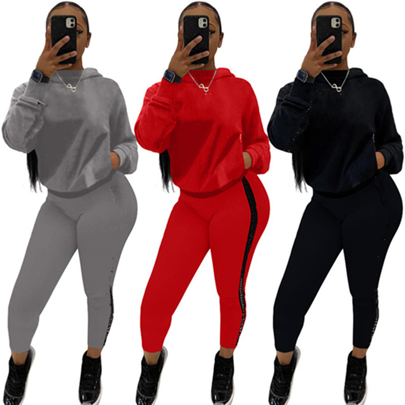 

2022 Designer jogger suits fall winter Women cotton tracksuits long sleeve hooded hoodie pants two piece set plus size 2XL casual sweatsuits sportswear 7384, Black