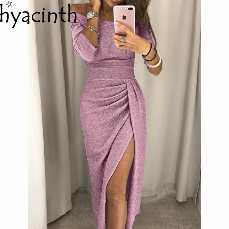 

Women  Off Shoulder Long Sleeve Bodycon Evening Party Dress Asymmetrical Split Pencil Dresses  M L XL XXL 220721, Beige
