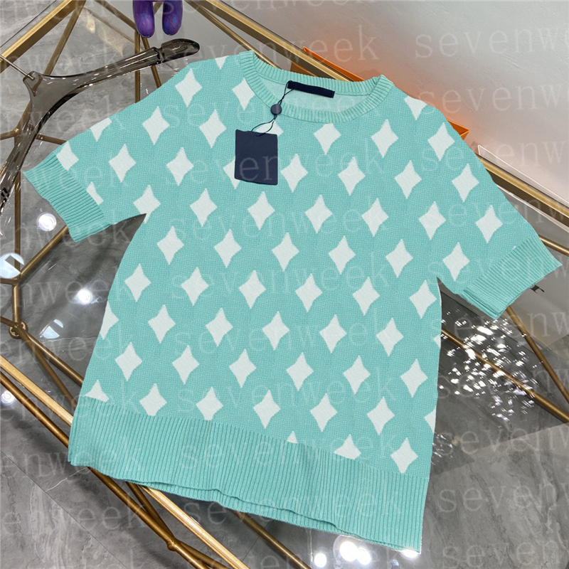 

Classic Letter Knitted T Shirts Tops For Women Jacquard Sweaters Summer Fashion Causal Knits Tees, Blue