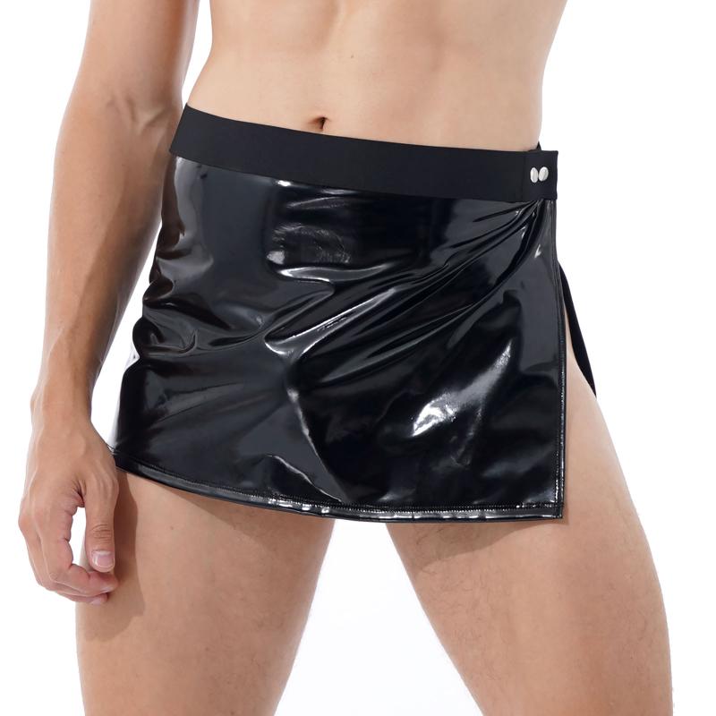 

Skirts Men Wet Look Patent Leather Lingerie Skirt Elastic Waistband Side Split Miniskirt Pole Dance Costume For Nightclub Stage Show, Black