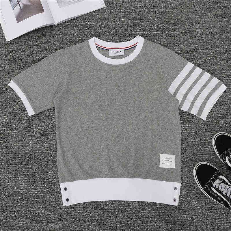 

Summer Ins Super Fire Net Red Men' And Women' TB Same Pearl Ground Cotton Short Sleeve Round Neck Rib Stitching Top Half Sleeve T-shirt College Style Designer, Black