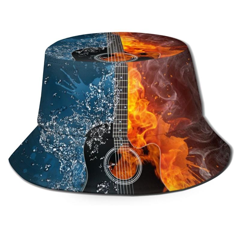 

Berets CINESSD Bucket Hat Unisex Bob Caps Hip Hop Gorros Electric Guitar Fire And Water Summer Panama Cap Beach Sun Fishing, Black 2