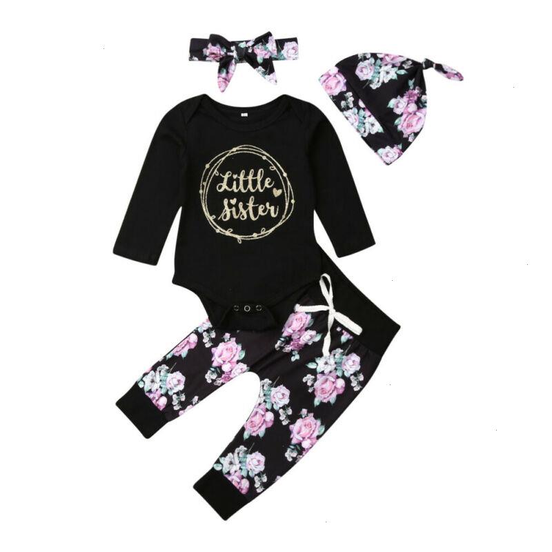 

Black Newborn Baby Little Sister Set Girl Clothes Romper Pants Print Leggings 4pcs Autumn Fall, As picture