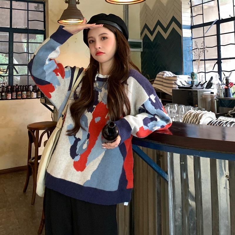 

Women's Sweaters Women Elegant Pating Pattern Knitted Sweater Jumper O Neck Female Oversize Pullovers Chic Tops, Yellow spell blue