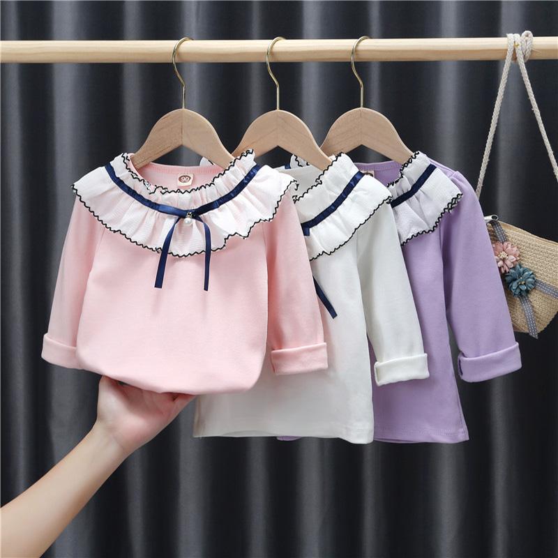 

T-shirts 2-6 Years Children Girl Clothes T-shirt Autumn Cotton Spring Fashion Lace Collar Kids Purple Long Sleeve T-shirtT-shirts