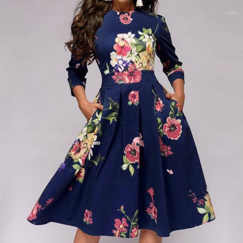 

Casual Dresses Vintage Women Elegent A-line Midi Dress With Pocket Floral Print Long Sleeves Elegant O-nock Party Vestidos #G2, White