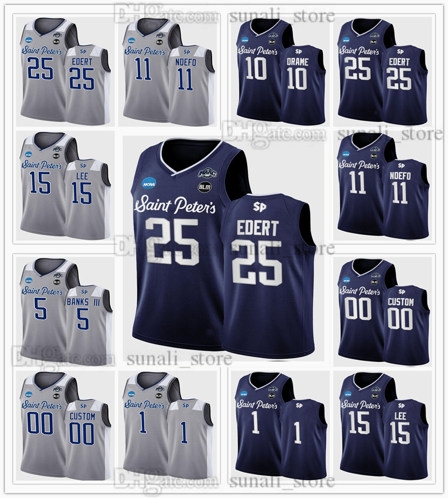 

NCAA 25 Doug Edert Jerseys College Basketball Saint Peter's Peacocks 5 Daryl Banks III 11 KC Ndefo 15 Matthew Lee 10 Fousseyni Drame 14 Hassan Drame Navy Grey University