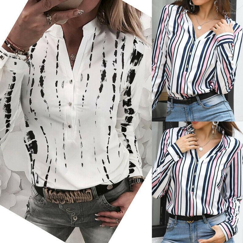 

Women Long Sleeve Loose Stripe Tops Blouse V Neck Casual Office Graffiti Print Female Autumn Shirts Blusa Women' Blouses, Red