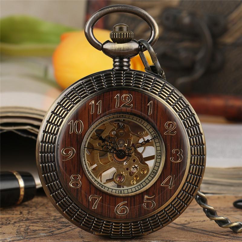 

Pocket Watches Luxury Wood Bronze Skeleton Mechanical Hand Winding Watch Roman Numerals Display Dial Half Pendant Chain Gift, As pic