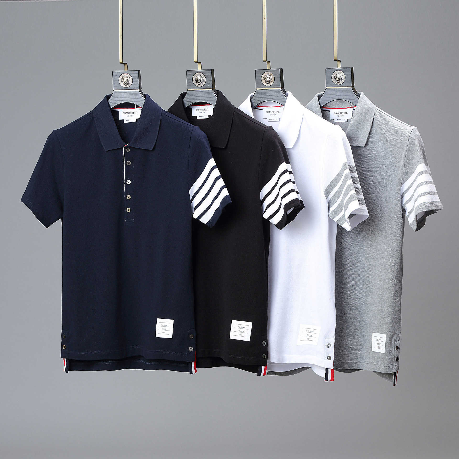 

22 Fashion Luxury Brand Tb-thom Short Sleeve Polo Shirt Lapel Unisex Yarn Dyed Four Bar T-shirt, White