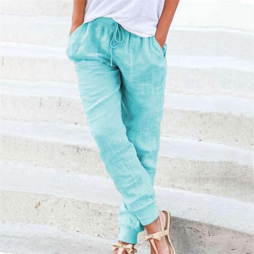 

Spring Summer Plus Size Trousers Cotton Linen Solid Loose Harem Pants Mid Waist Drawstring Pockets Long Pants Female 201113, Army green