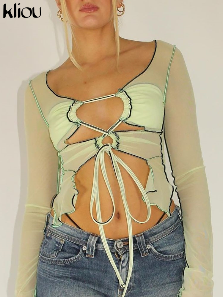 

See Through Mesh T-shirt Women Sexy V-neck Bandage Hollow Out Bare Midriff Slim Solid Tops Hot Streetwear Female Clothing, Coffee
