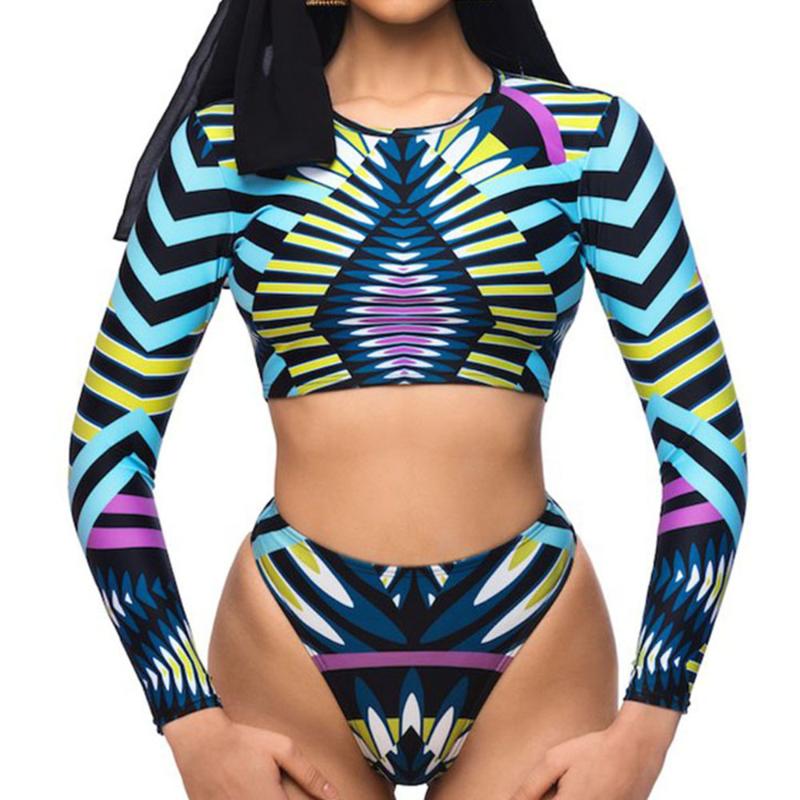 Women's Swimwear High Waist Bikini Women Geometry Swimsuit Long Sleeve Bathing Suit Cut Beachwear Stripe Two Piece Viquinis Mujer-image-763674412