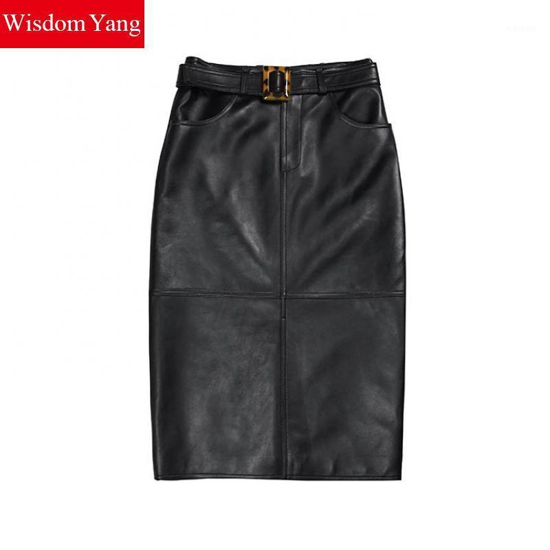 

Skirts Autumn Real Genuine Leather Skirt Sheepskin High Waist Midi Wrap Women Black Red Bodycon Vintage Sexy Party Lady Clothes, See picture
