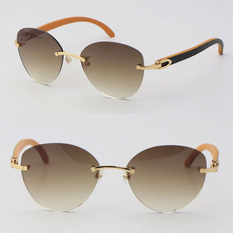 

Luxury Black Inside Orange Wooden Metal Rimless Sunglasses For Woman Design Butterfly Lens Oversized Large Round Wood Cat Eye Sun glasses Designer Man Frame Siz:60