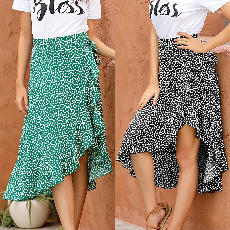 

Boho Summer Floral Print Long Skirts Women Bandage High Waist Elegant Beach Holiday Ruffles Chiffon Midi Pleated Female, Black