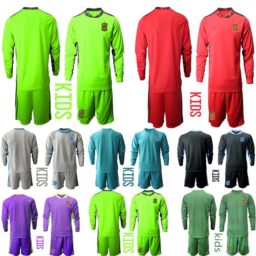 

2020 2021 Kids Long Sleeve Spain National Football Team Goalkeeper Soccer Jersey Arrizabalaga DE GEA kit jersey Home Away KIT sets267c, Color 3