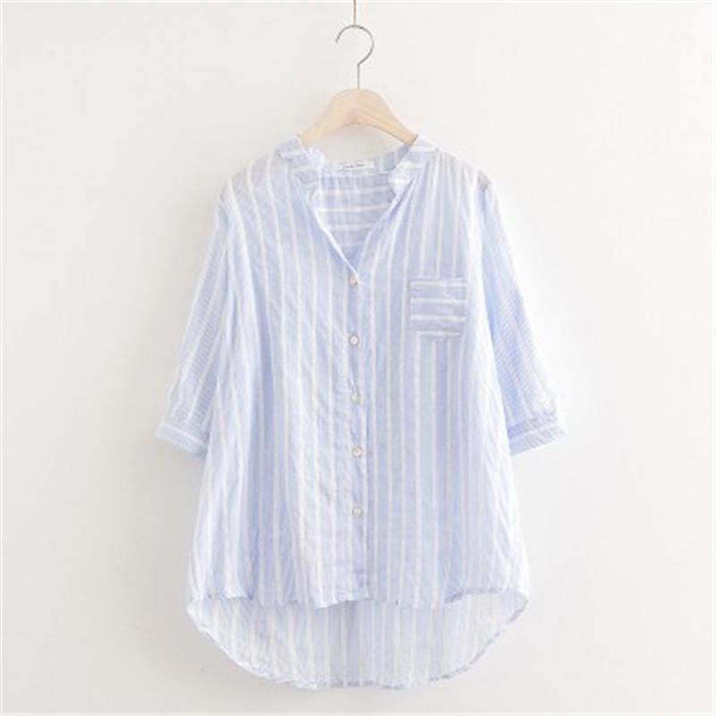 

Women's Blouses & Shirts HXYZ Womens Summer Ladies Blue Vertical Pinstripe Tops 2022 Casual V-Neck Single Breasted Stripe Shirt Cardigan, Black