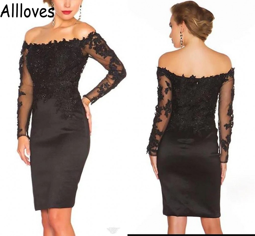 

Black Satin Mother Of The Bride Dresses With Long Sleeves Sheer Neck Elegant Lace Appliques Short Prom Party Wear For Women Cocktail Evening Gowns CL0651