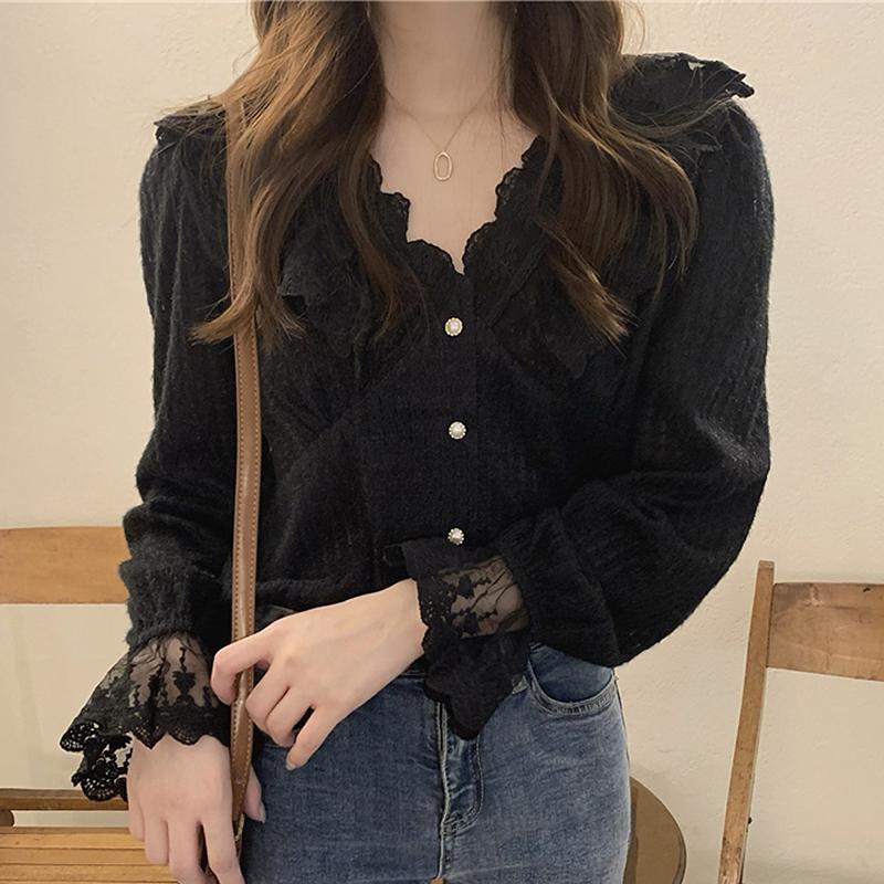 

Women's Blouses & Shirts BETHQUENOY Vintage Lace Patchwork Women Camisas De Mujer Black Knitted Woman Chemise Femme Lady Spring Fall Tops