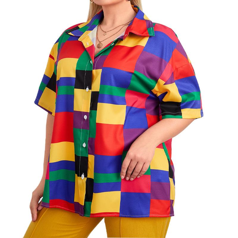

Women's Blouses & Shirts Short Sleeve Women Turn Down Collar Tops Tunics 2022 Summer Colorful Plaid Print Loose Casual Ropa Mujer, Multi