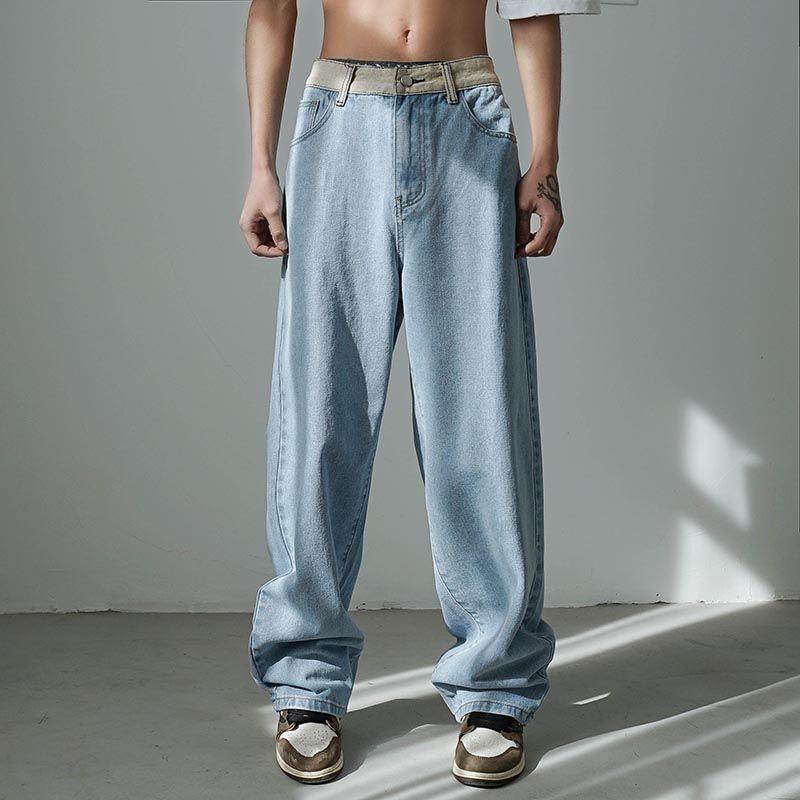 

Men's Jeans Men's Loose Straight Pants Splicing Color Casual Baggy Homme Classic Cargo Pocket Biker Denim Trousers -XLMen's, Black