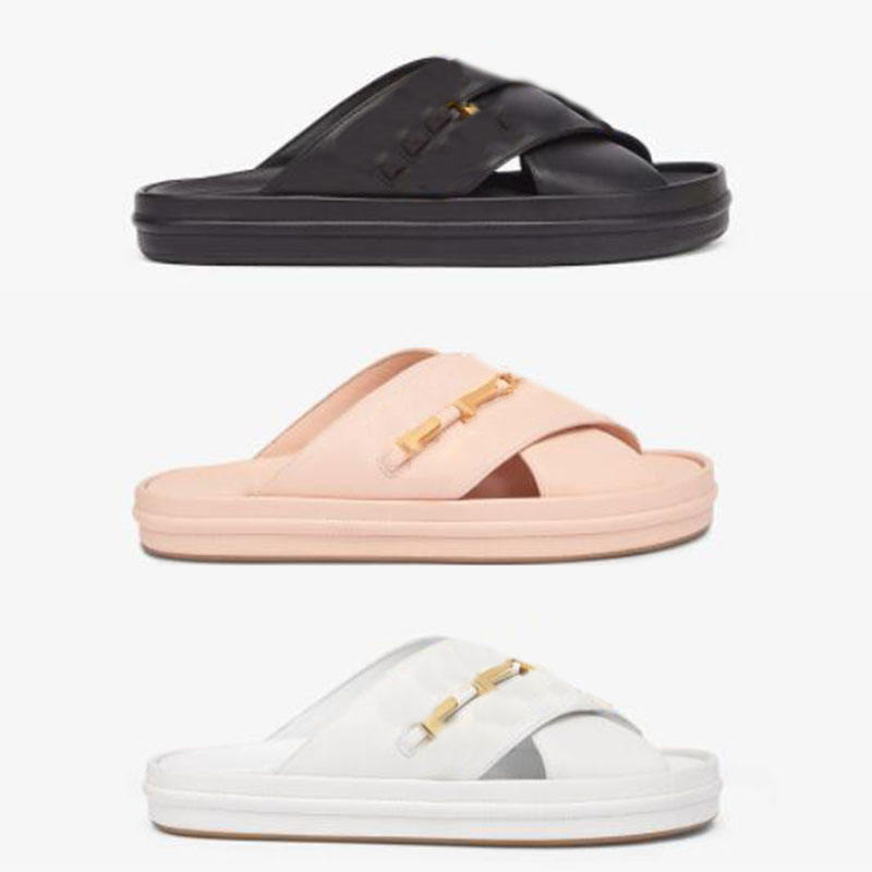 

Top Quality Leather Sandals graphy slippers designer slides Women pink black White sandals wide gold metal lettering Flip Flop size 35-41