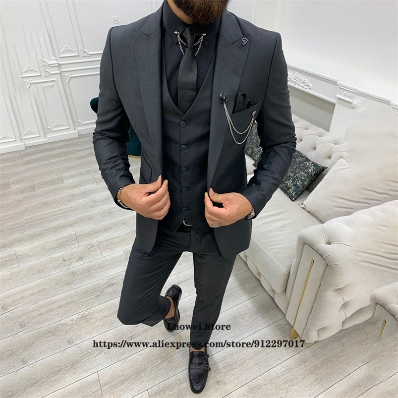 Costume de mode pour hommes Slim Fit 3 pièces veste gilet pantalon ensemble formel marié mariage pointe revers smoking mâle bureau affaires Blaze