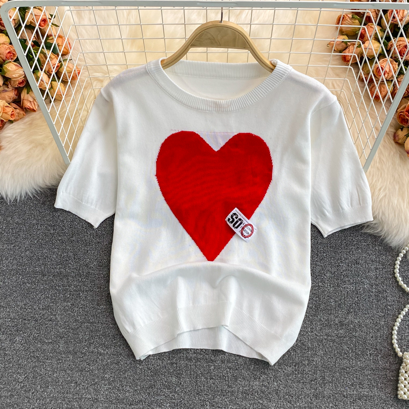 

2022 Spring summer Fashion design women's o-neck short sleeve love heart print thin knitted sweater tops tees, White