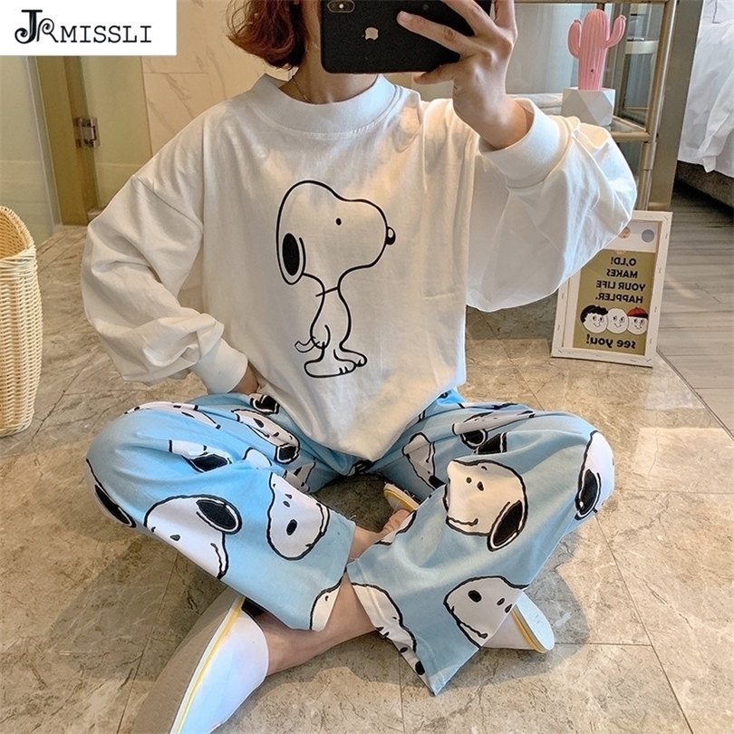 

JRMISSLI Spring New Women Sleepwear Cartoon Printed O-Neck Pajamas Set 2Pcs Loose Large Size Ladies Simple Style Homewear 201114, White