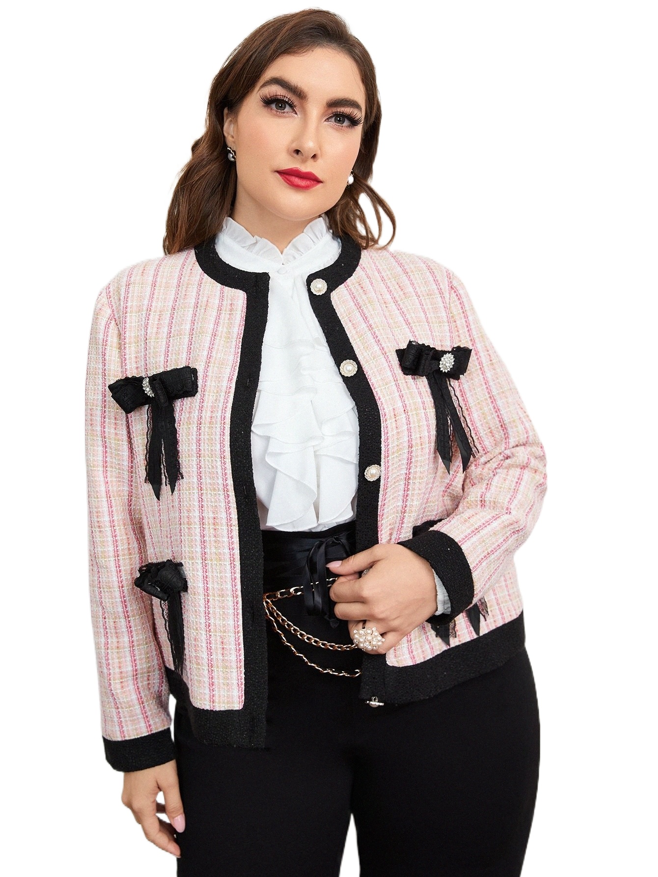 plus Plaid Contrast Trim Bow Front Wool-Mix Jacket v8Ey#
