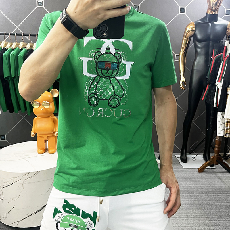 Short Sleeve T-shirt Men's Women's Same Style Fashion Brand Large Sequin Cartoon Bear 2022 Trend Couple Bottoms Tees High-quality Clothing