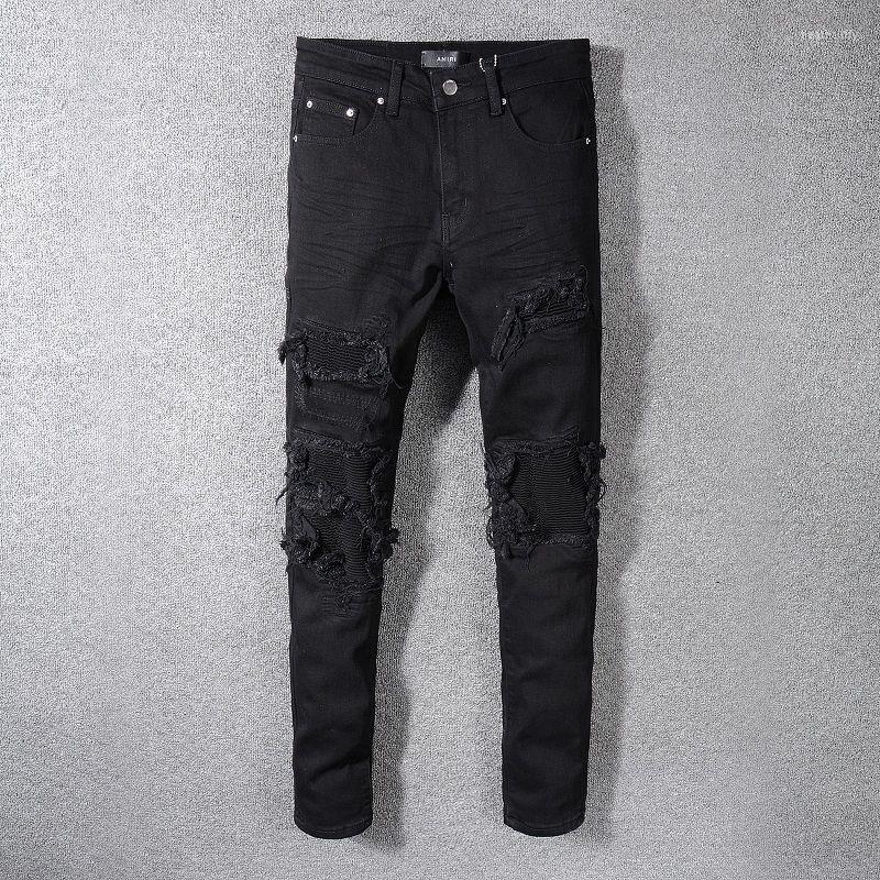

Men's Jeans High Street Brand Ripped Patchwork Men Four Seasons Black Stretch Slim Jean Biker Stacked Homme Marque De LuxeMen's Heat22