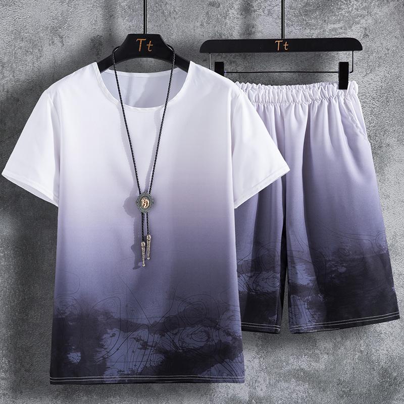 

Men' Tracksuits Large Size Ice Silk Set Short Sleeve Shorts Gradual Tie-dye Young Fashion Students Summer Two PiecesMen, Green
