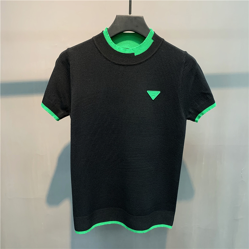 

High Quality Contrast Stitching Slim Fit Knitted T Shirt Men O-Neck Homme Streetwear Fashion 2022 Summer Men Casual T-Shirt, Black