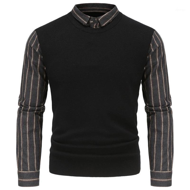 

Men's Sweaters British Knitted Sweater Men Fake Two Pieces Shirt Collar Mens Knitwear Pullovers Casual Slim Fit Pull Homme Striped, Black