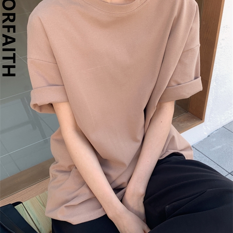 

Colorfaith Spring Summer Women 6 Colors T-shirt Casual Long Sleeve Loose Bottoming Solid Female Basic Thick Tops T6789 220321, Khaki