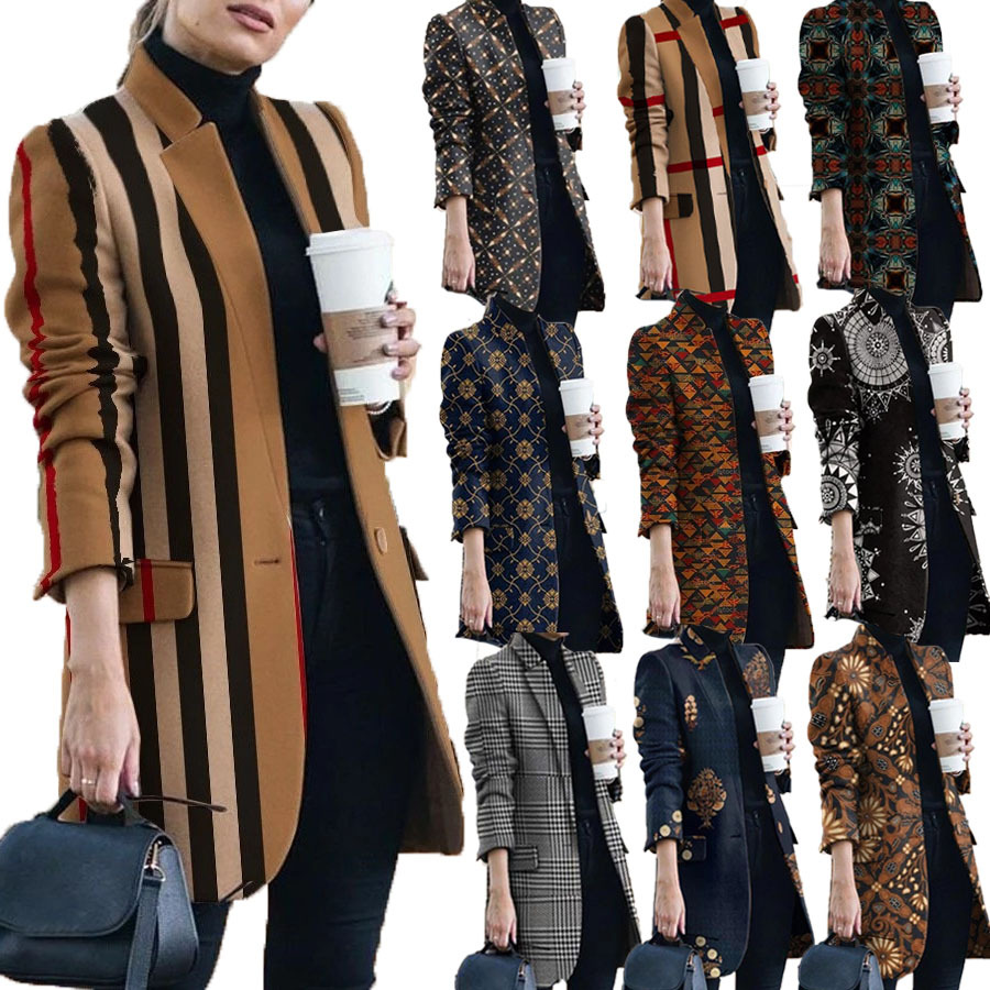 

Women' Trench Coats Autumn and winter new fashion print stand collar woolen coat