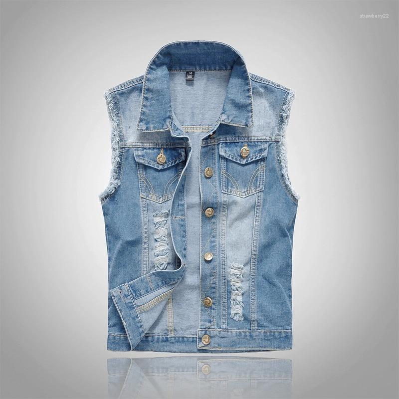 

Men' Vests 2022 Ripped Jean Jacket Denim Vest Hip Hop Coats Waistcoat Men Cowboy Brand Sleeveless Male Tank Plus Size 6XL Stra22