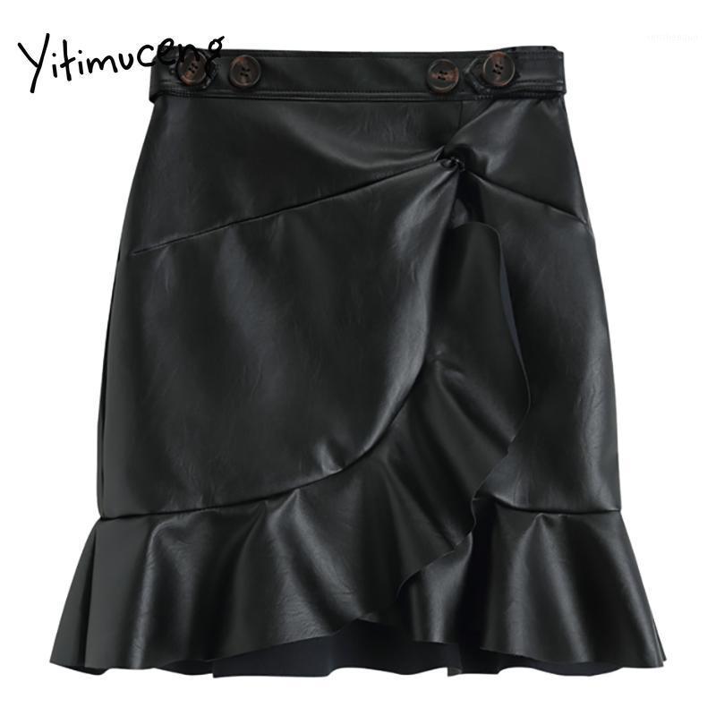 

Yitimuceng Pu Vintage Skirt For Women Ruffles Mini High Waist A-Line Solid Black Clothing 2022 Spring Summer Fashion Skirts