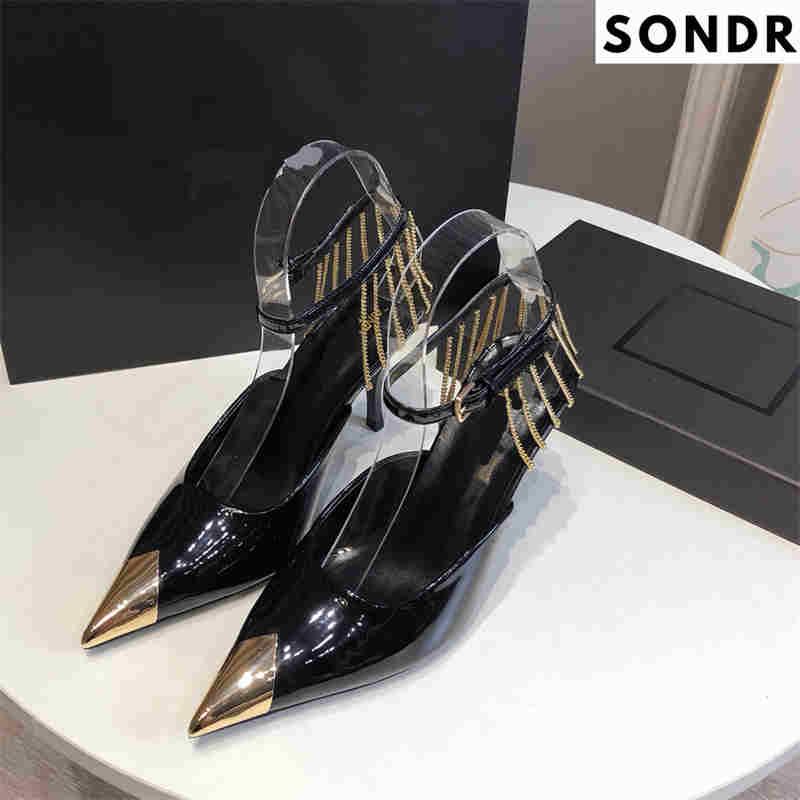 

Sandals 2022 Early Spring Same Style Pointed High Heels Chain Baotou Fashion Female Stiletto Hollow Shoes, Black9cm