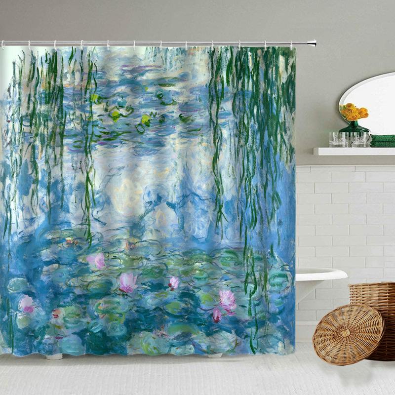 

Shower Curtains European Color Abstract Oil Painting Curtain Blue Lotus Pond Wheat Field Forest Trees Natural Scenery Bathroom