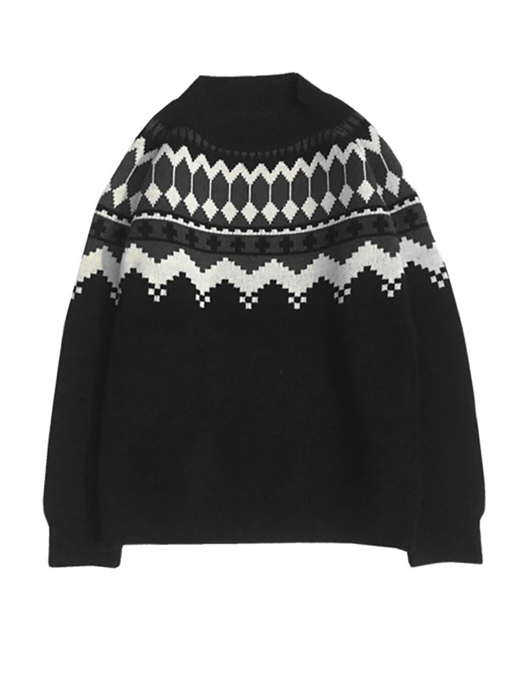 

Ladies Autumn Winter Rhombic Lattice Knitted Loose Sweater Women Pullover Tops Long Sleeve O Neck Casual Streetwear Sweater, Black