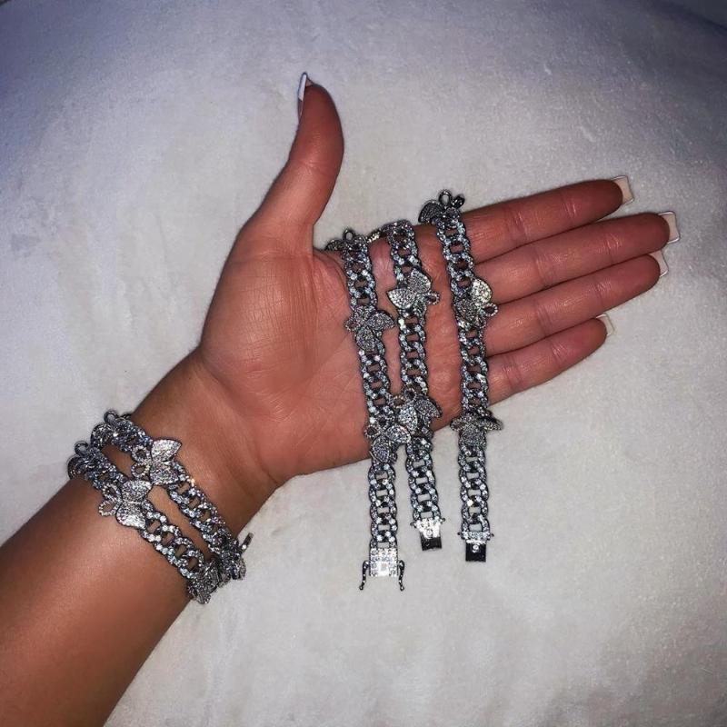 

Link Chain Iced Out Bling Cz Cubic Zircon Women Charm Jewelry Hip Hop Rock Miami Cuban Rose Gold Color Pink Butterfly BraceletsLink