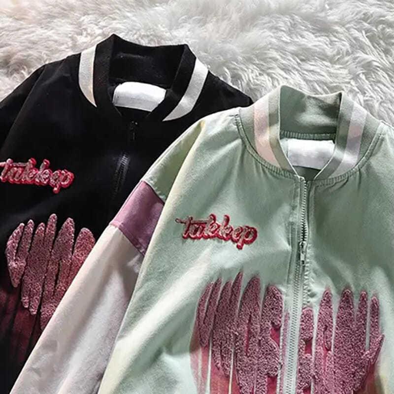 

Women's Jackets Harajuku Love Embroidery Baseball Uniform Bomber Jacket Unisex Fall Loose Zipper Cardigan Contrast Color Streetwear Tops, Green