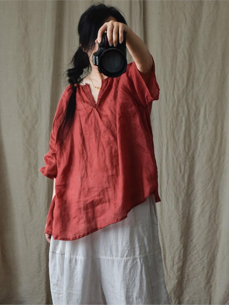 

Women's Blouses & Shirts Women's Summer Thin Ramie Blouse Clothes Ladies Original Retro Shirt Female 2022 V Neck Tops Solid Color Blusas, Black