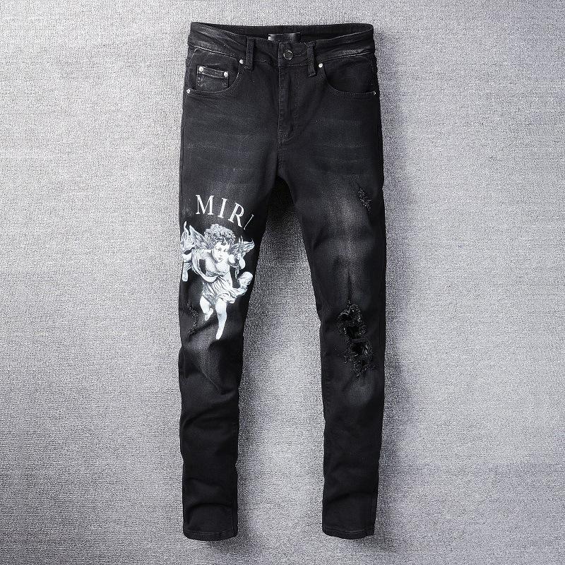 

Men's Jeans High Street Men LOGO Letter Angel Pattern Denim Pants Hip Hop Casual Trousers Cotton Micro-Stretch Slim MenMen's, Black
